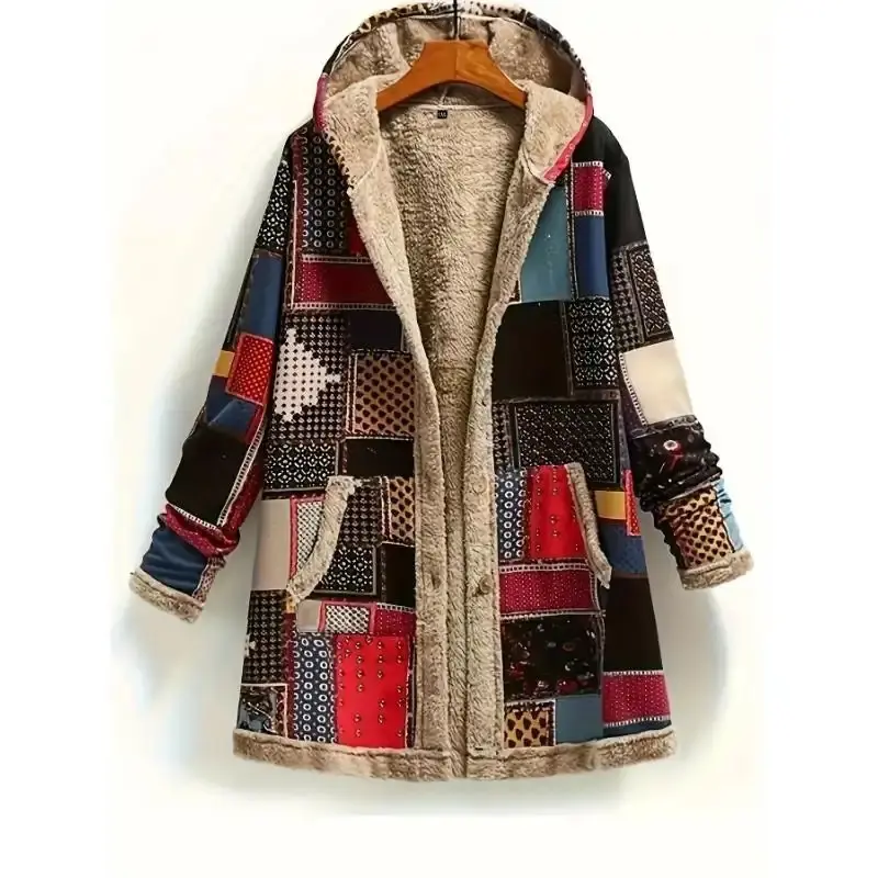Women's Tribal Pattern Patch Graphic Long-Sleeve Fleece-Lined Jacket - Polyester Cold-Proof Stretchy Knit, Front Button, 2 Pockets, Machine Washable, No Dry Clean, Autumn Winter Casual Outerwear, Long-Sleeve Women's Fleece Jackets, Patch Graphic Women's F