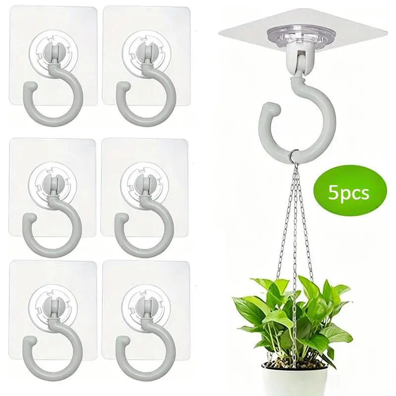 5pcs Self Adhesive Wall Mounted Hooks, Rotatable Clear Hooks, No Drill Ceiling Hanging Hooks For Plants Lanterns, Household Utility Hooks