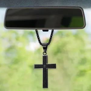 Titanium Steel Car Rear View Mirror Charm - Religious Cross Pendant with Bible Verse, 1.97×1.18 inch, Easy to Carry, Elevates Aesthetic Appeal, Vehicle Interior Decoration for Men, Daily Journeys (Black)
