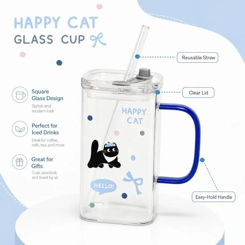 Cute Cartoon Pattern Square Glass Cup, Handle Included, Straw Compatible, Heat Resistant, Office Use, Portable Juice Cup, Lidded Transparent Cup