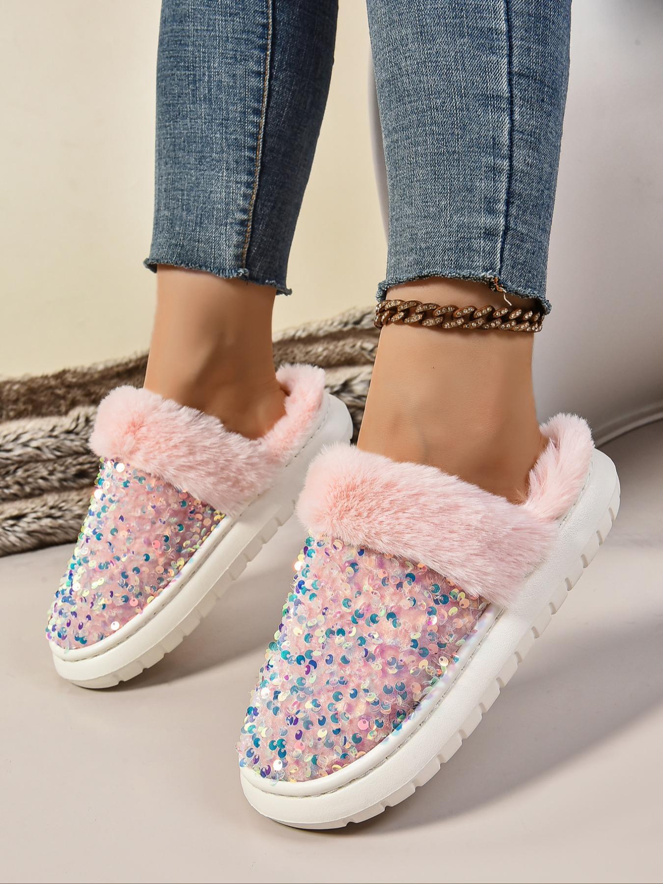 Women's Baroque Sequin Decor Plush Slippers, Casual Soft Comfortable Home Slippers, Warm Slippers for Indoor & Outdoor Use for Fall & Winter, Non Slip Slippers