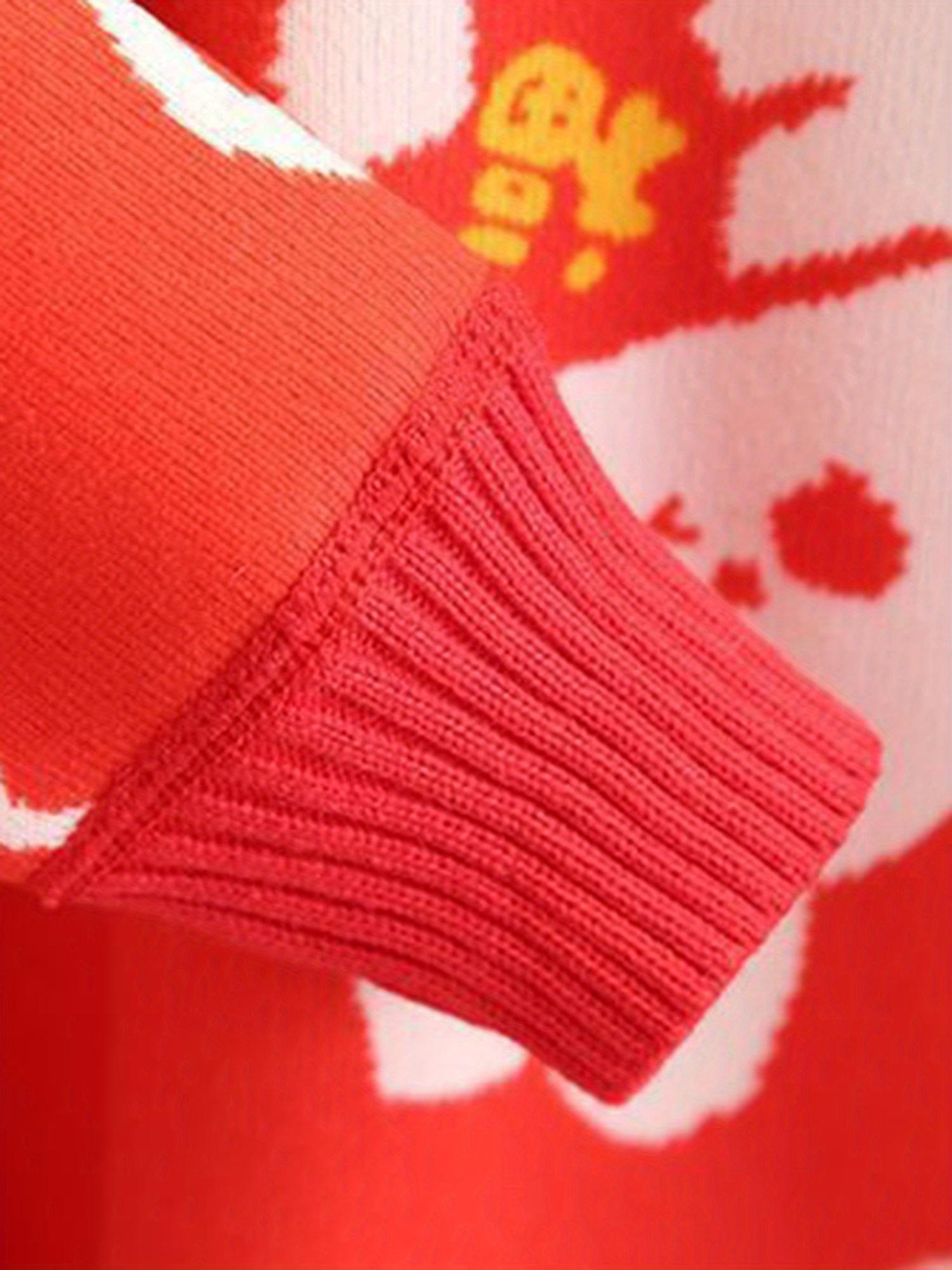 Girls' Red Cartoon Character Pullover Sweater - Cozy Long Sleeve Crew Neck with White & Yellow Accents, Soft Rayon Blend, Loose Fit for Fall/Winter, Perfect for Outdoor Play & Casual Wear, Cute Sweaters