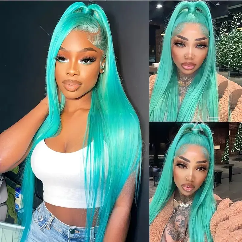 Women's Synthetic Lace Front Full Head Wig - Long Natural Straight Lake Blue Hair, Matte Finish High-Temperature Fiber, 1013 Points 613, Dropshipping Friendly, Heat Resistant