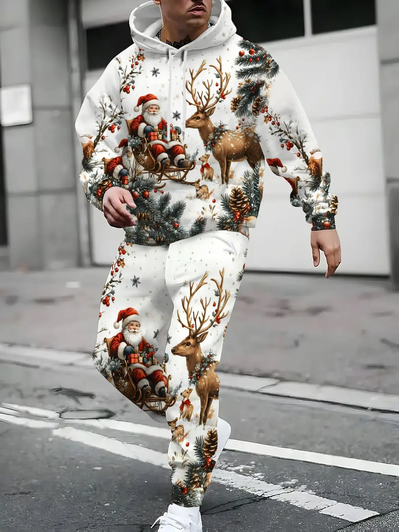 Men's 3D Printed Christmas Reindeer Sweatshirt and Pants Set, Casual Holiday, Long Sleeve, Slim Fit, Fall & Winter Wear