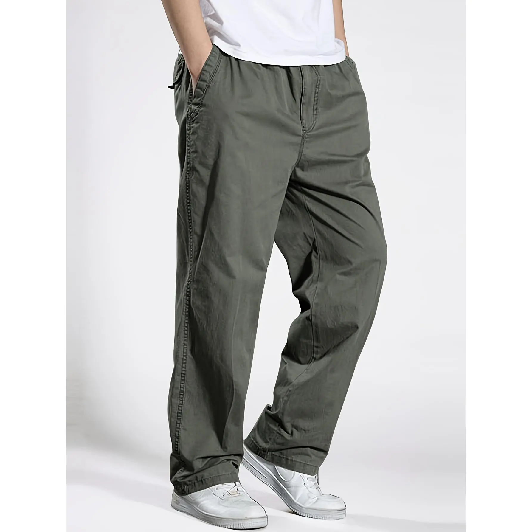 Men's Twill Cotton Cargo Trousers - Loose Relaxed Fit, Elastic Waist Pull-On Design, Plain Fabric, Multi-Pocket for Casual, Sport Use, Trouser