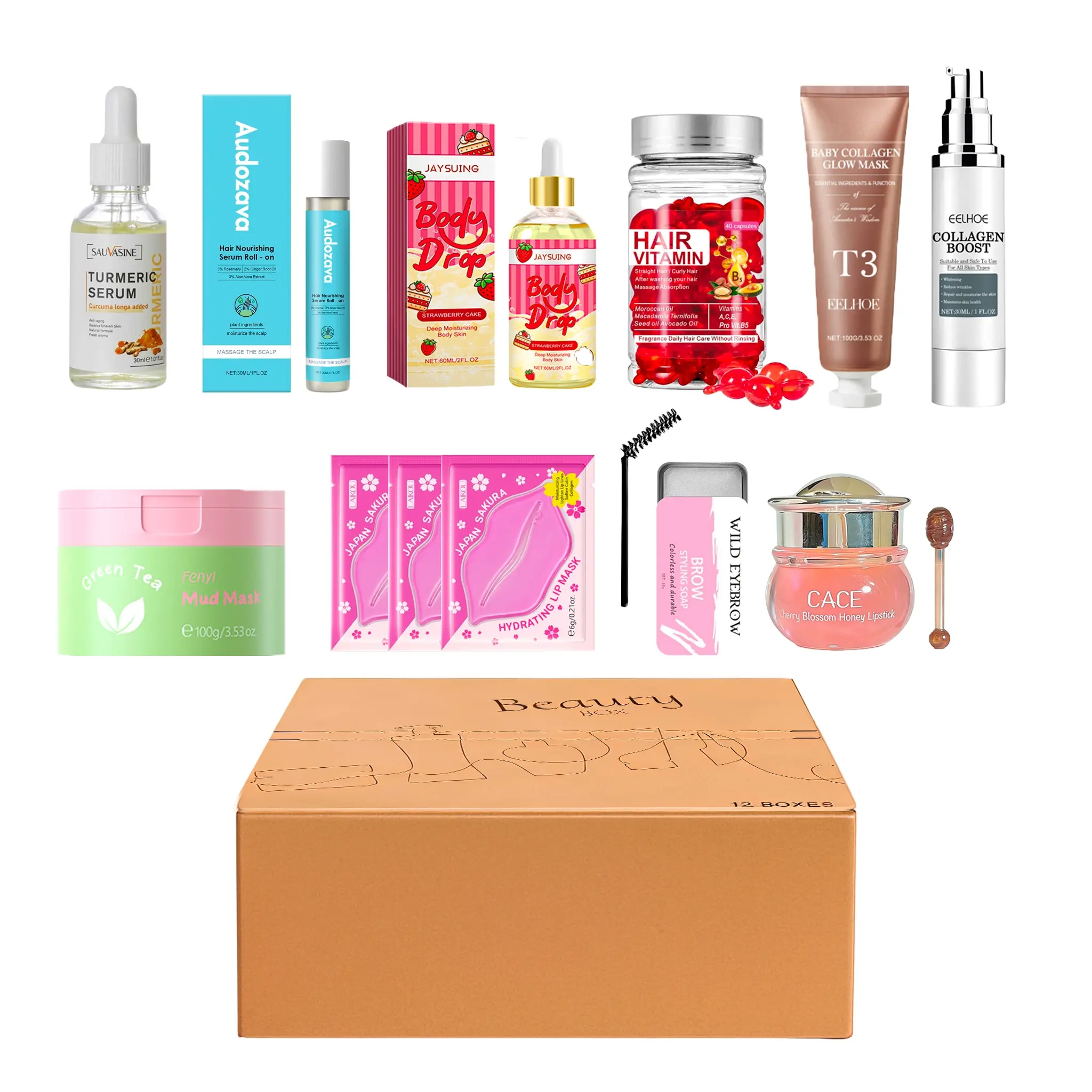 12-piece set: lip mask, lipstick, clay mask, eyebrow gel, hair care capsules, serum, hair serum, skincare and body gift set, suitable for gifting, skincare set