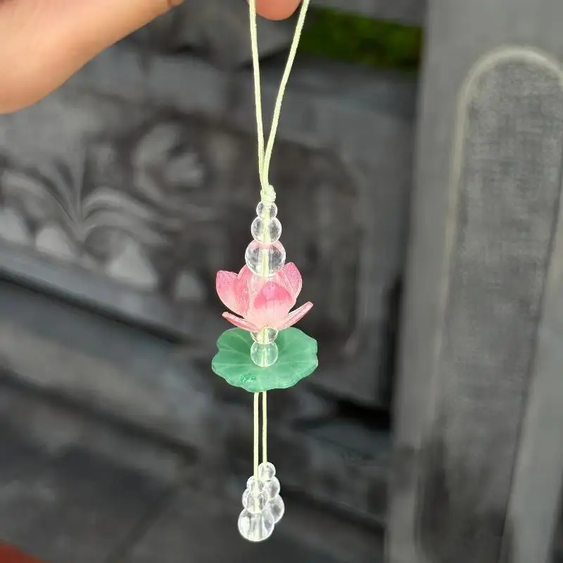 Phone Charm for Women Pink Lotus Beaded Aesthetic Coquette Flower Bag Charm Strap Faux Lotus Keychain Car Rearview Mirror Decor Accessories Gift