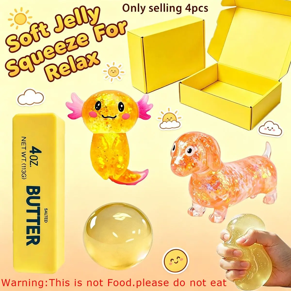 4 Pack Soft Glitter Jelly Squeeze Stress Relief Toy Set, salamander Dachshund Butter Block Clear Ball Squishy Stress Relief Anti-Anxiety Calming Sensory Fidget Squish Toys, Healing Relax Pinch Toys for Office Students Daily Mood Relief Party Gifts