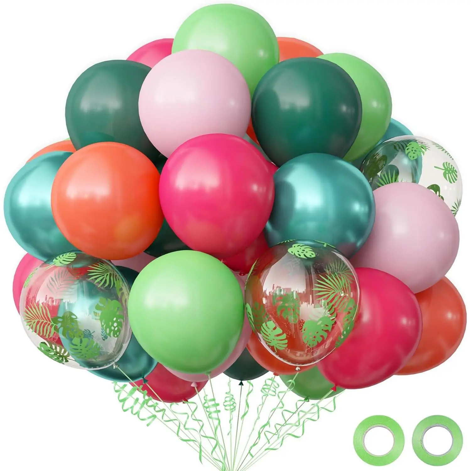 Hawaiian Luau Party Decorations, Tropical Party Balloons, 68pcs Pink Green Rose Gold Palm Leaves Balloons for Summer Aloha Moana Flamingo Birthday Shower Party Supplies, 12 Inch