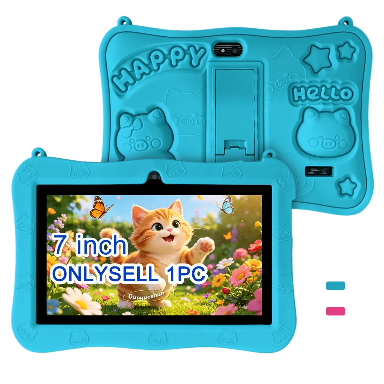 1 Piece New 7 Inch Android Kids Learning Tablet, HD Display, Dual Cameras, iWawa Educational Apps, Cute Shockproof Case, Parental Control, Christmas Gift, Pink & Blue, USB Cable Included, No Power Adapter
