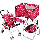 Convertible Combo Baby Doll Stroller for 3 Year Old Girls & Up |   Play Toy Baby Stroller for Dolls, Folding Adjustable Bassinet Carriage Buggy with Storage Basket Converts to Sit Up Pushcart Pram, Red
