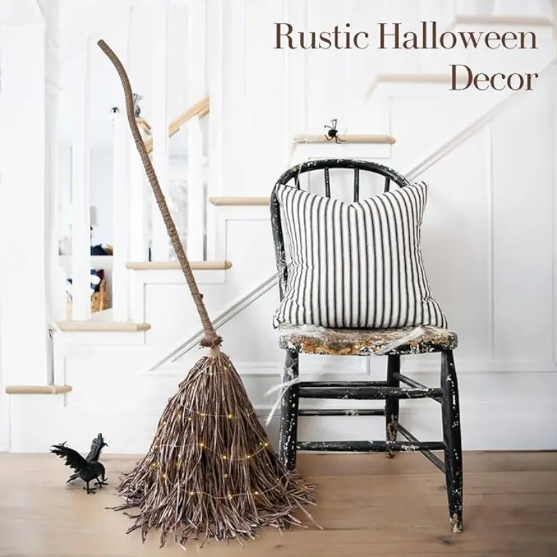 Pre-Lit Rustic Witch Broom for Front Porch, Cozy Warm Ambient Glow, Gift for Party Hosts, Spooky Season Essentials, Decorative Halloween Item