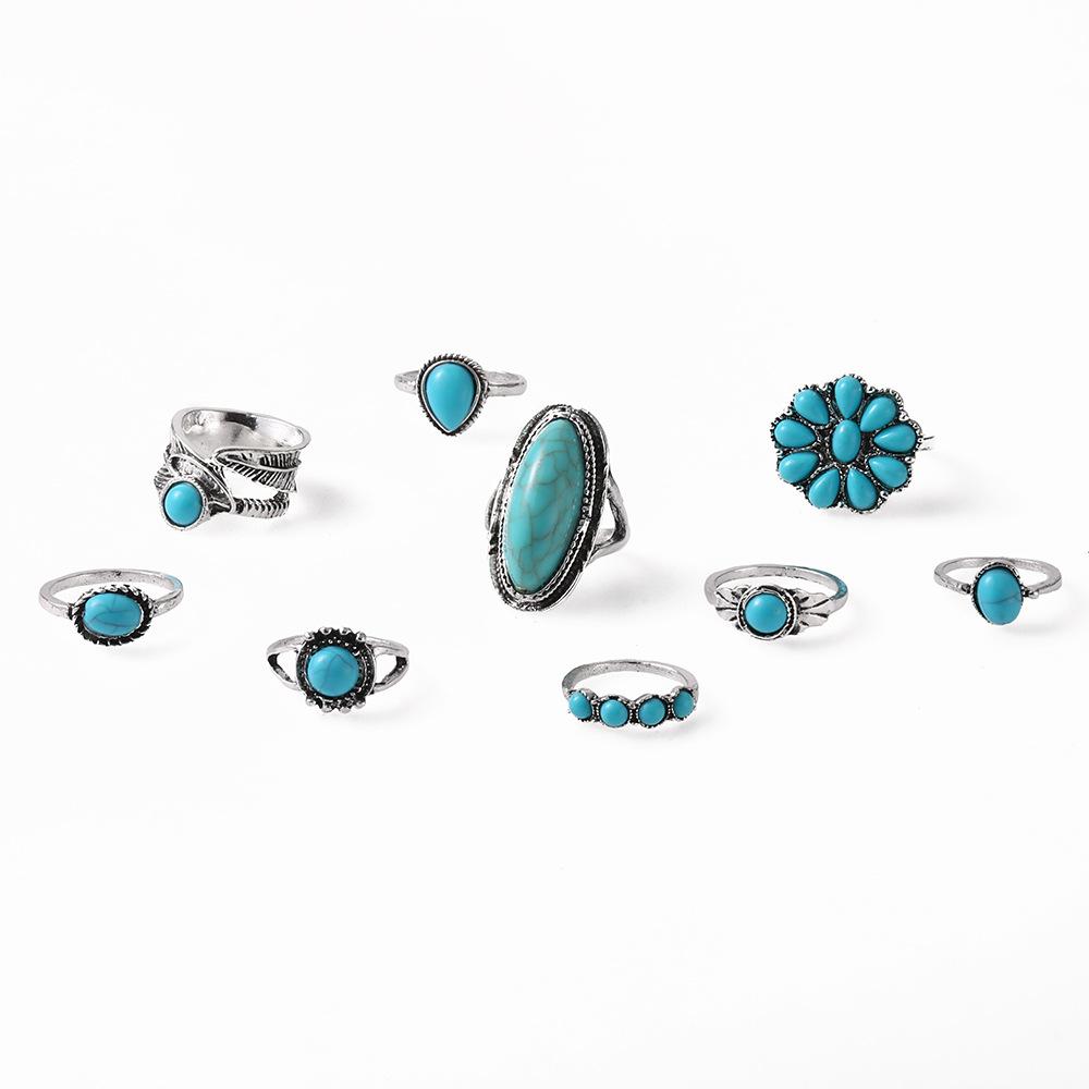 Vintage Boho Turquoise Stackable Ring Set 8Pcs | Ethnic Style Carved Feather Flower Statement Rings | Silver Tone Bohemian Fashion Jewelry for Daily & Festival Wear