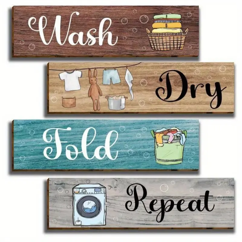 Wash Dry Fold Repeat Letter Pattern Wooden Sign, Decorative Wall Sign, 4 Counts/set Laundry Room Decor, Wall Art, Home Decor Signs for Laundry Room