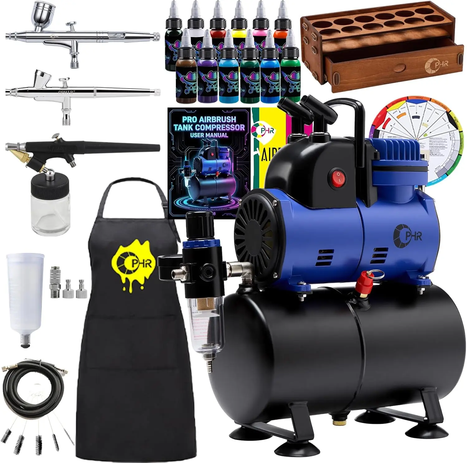 OPHIR Airbrush Kit, Air brush Kit with Air Compressor, Airbrush Compressor with 3x Air Brush, 3L Air Tank, 12 Colors Air brush Painting Set, Paint Holder for Model Painting, 2 Modes of Pressure