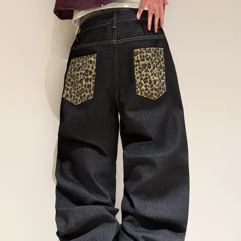 Men's Leopard Print Jeans, Y2K Street Style Loose-Fit Wide Leg Pants, Trendy Casual Long Trousers, Multiple Colors Available, Streetwear