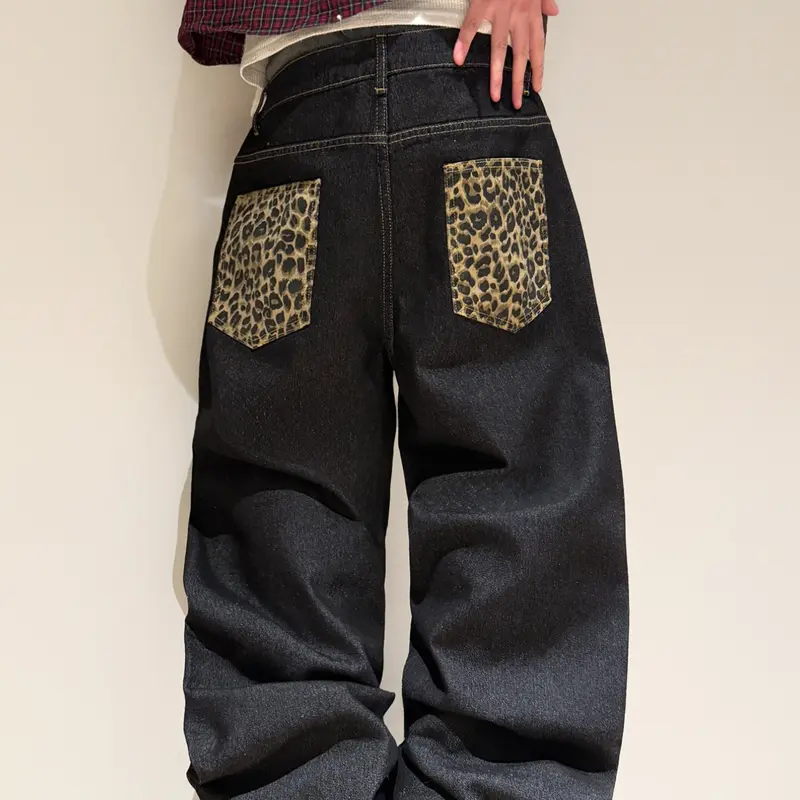 Men's Leopard Print Jeans, Y2K Street Style Loose-Fit Wide Leg Pants, Trendy Casual Long Trousers, Multiple Colors Available, Streetwear
