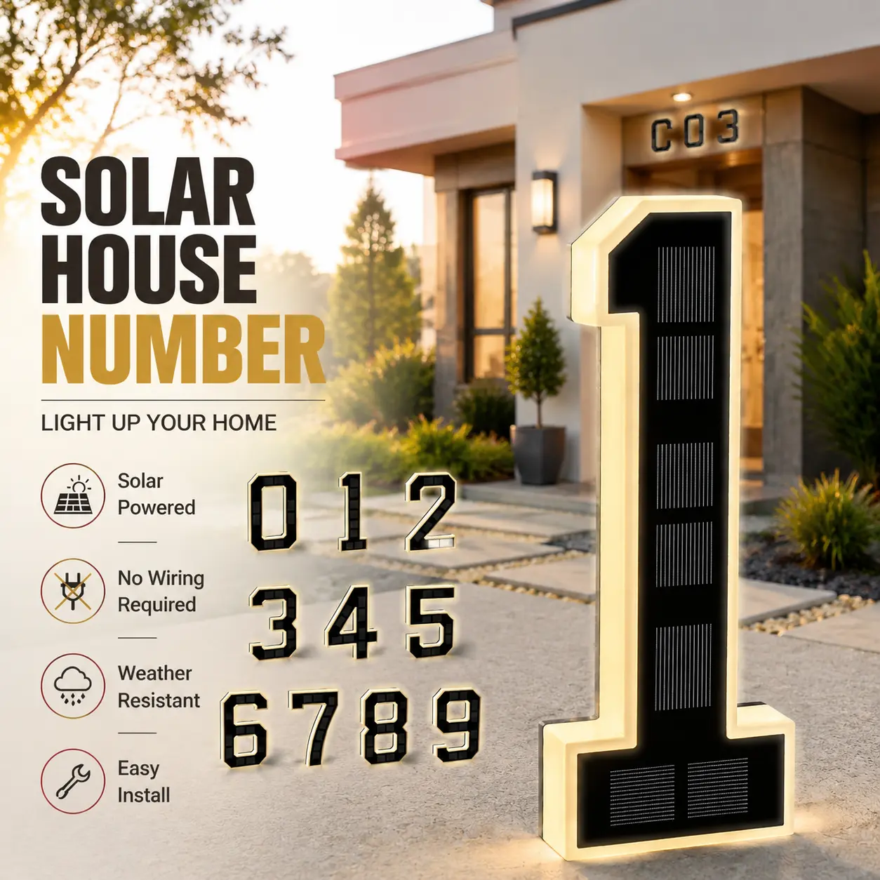 Solar Lighted 9 Inch LED Address Numbers Signs - Waterproof Outdoor Design for Homes, Modern Look, Ideal for Various Environments,Modern Farmhouse Illuminated Sign