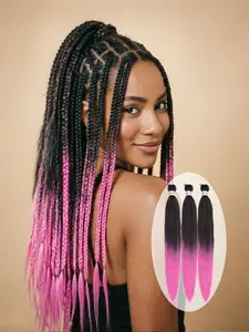 26-Inch Black-to-Rose-Pink Gradient Pre-stretched Braiding Hair - Yaki Texture Crochet Hair Extensions, Low-Temperature Flame Retardant Synthetic Fiber, Hot Water Setting, for Women's Daily & Festival Braiding Styles (3 Packs/Bag)