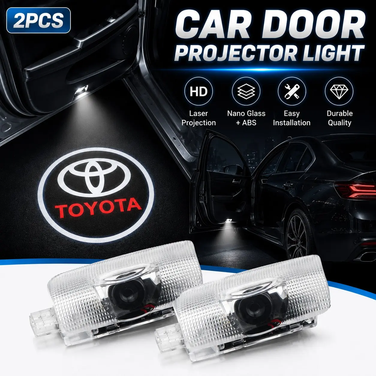 🚘2PCS Toyota Door Logo Projector Light, 4K HD Laser Ghost Shadow Welcome Lamp, Car Door Courtesy Light, Plug & Play No Drilling LED Projection Lamp for Toyota Camry Corolla Highlander Land Cruiser Prius Tundra