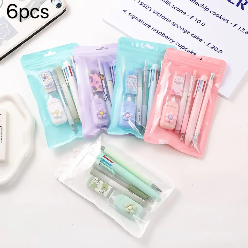 6-Piece Stationery Set, Includes Neutral Pen, Eraser, Six-Color Ballpoint Pens, Multi-Function Writing Tools, Perfect for Christmas Office & School Supplies