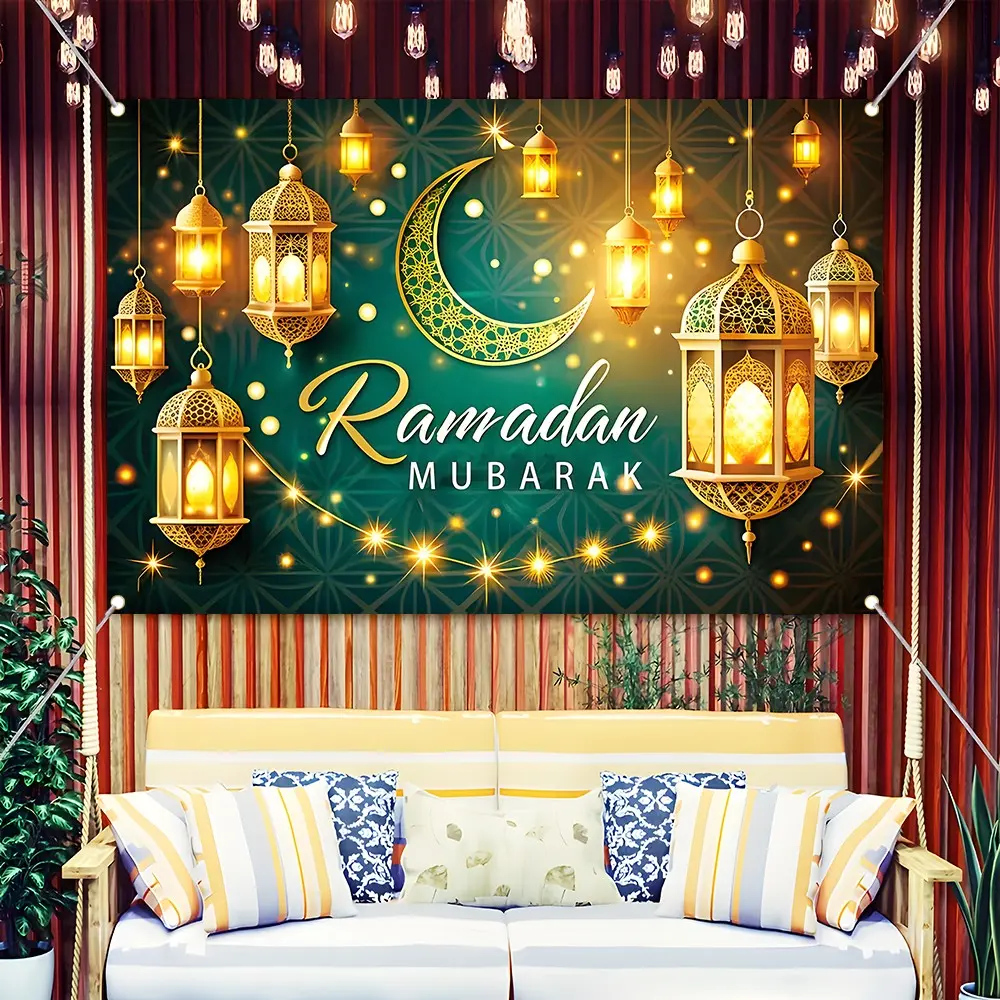 Ramadan Mubarak Backdrop Banner, Green and Gold Islamic Festival Decorations with Lanterns Crescent Moon, Durable Polyester Fabric Photo Booth Prop, Reusable Easy to Clean, Perfect for Ramadan Party, Eid Celebration, Home Decor, Gift for Muslims