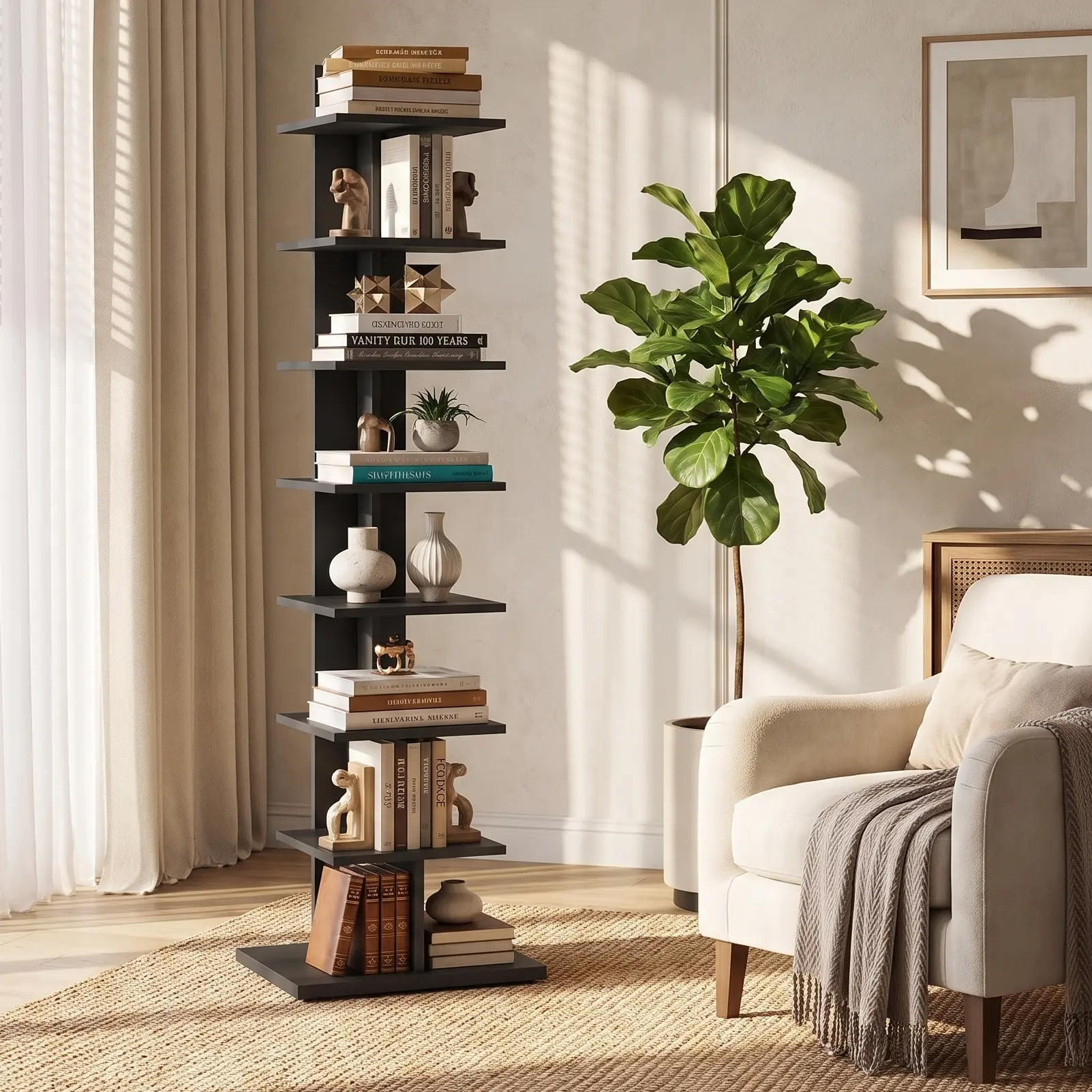 Book Shelf, Narrow Spine Bookshelf, 8-Tier Bookcase for Small Space| 10.4 x 13.4 x 47.5 Inches Vertical Freestanding Corner Shelf for Living Room, Office, Study, Entryway, Black
