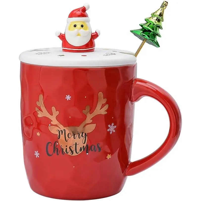 Christmas Coffee mug,Ceramic Santa  Cups with  lid and Spoon,14OZ Novelty mugs for Thanksgiving day,Halloween Christmas  for women men girls boys (Red)