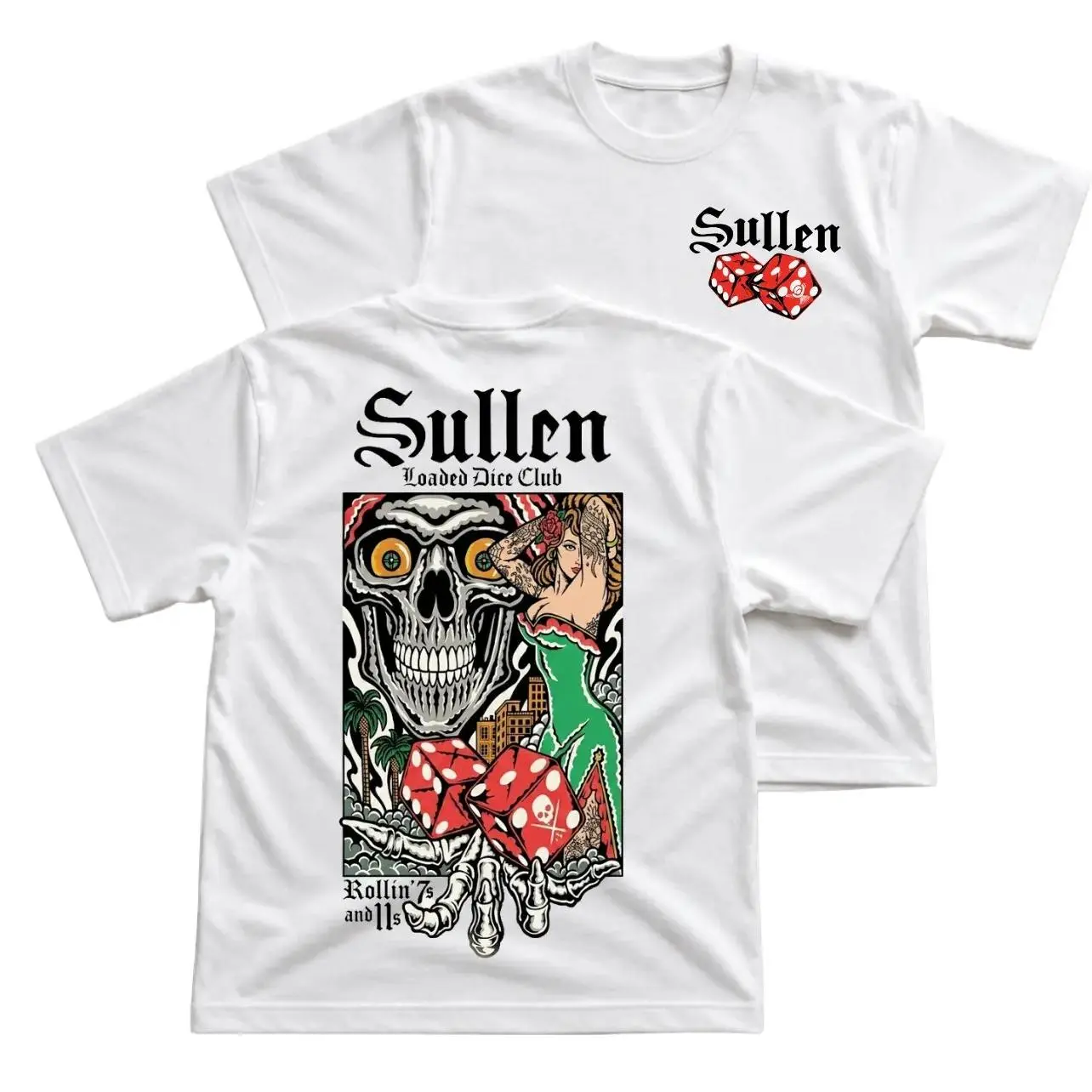 Sullen Loaded Dice Club T-Shirt, Skull Dice Graphic Tee With Rollin 7s And 11s Back Print, Front Chest Sullen Dice Logo Shirt, Tattoo Style Streetwear Apparel Gift for Men