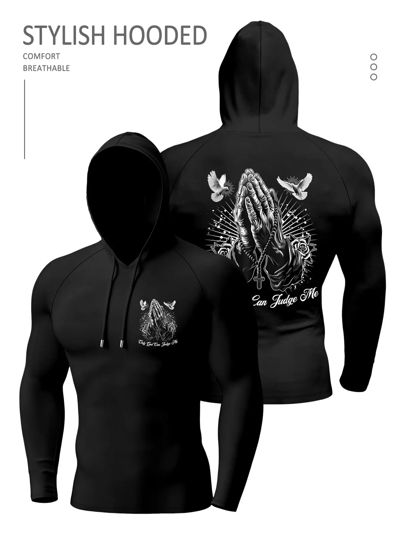 Muscle Fit Hooded Sportswear, Prayer Hand Dove Print, Long Sleeve Fitted Top, Breathable Universal Sports Gear, Ideal for Daily Fitness Training
