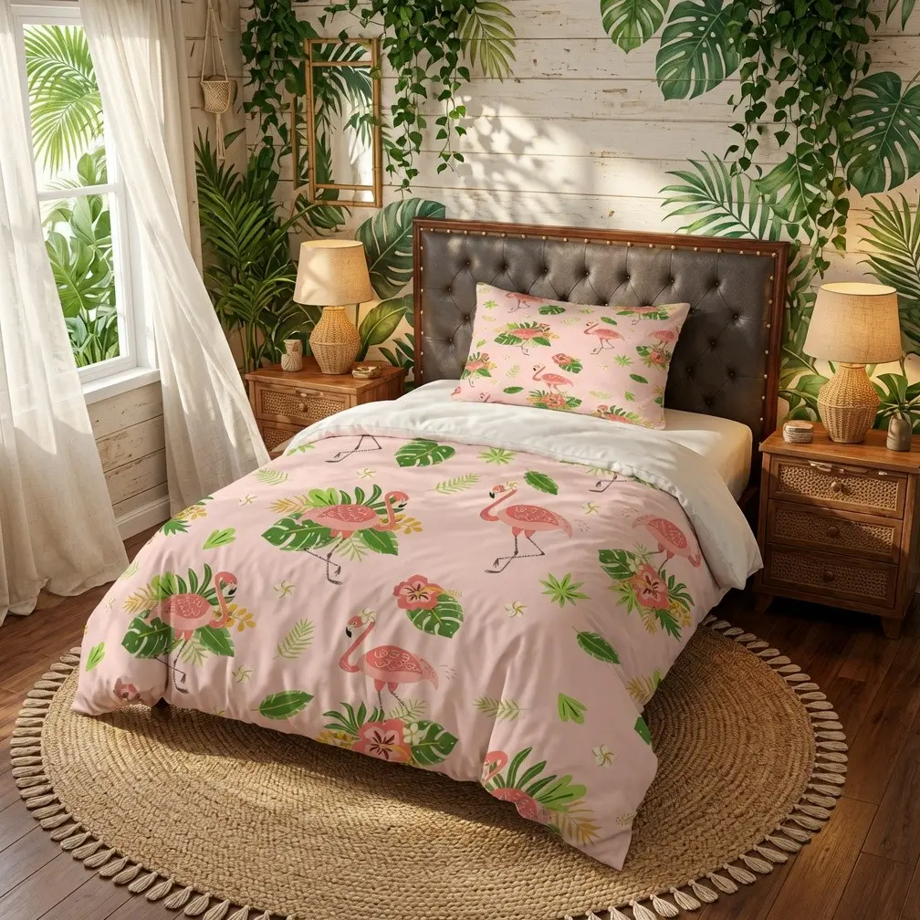 2/3PCS Pink Base Tropical Flamingo Floral Duvet Cover Set, Single Side Digital Printed Sweet Tropical Boho Style Bedding, No Comforter & Pillow Insert, Ideal Home Decor & Holiday Gift for Bedroom and Guest Room