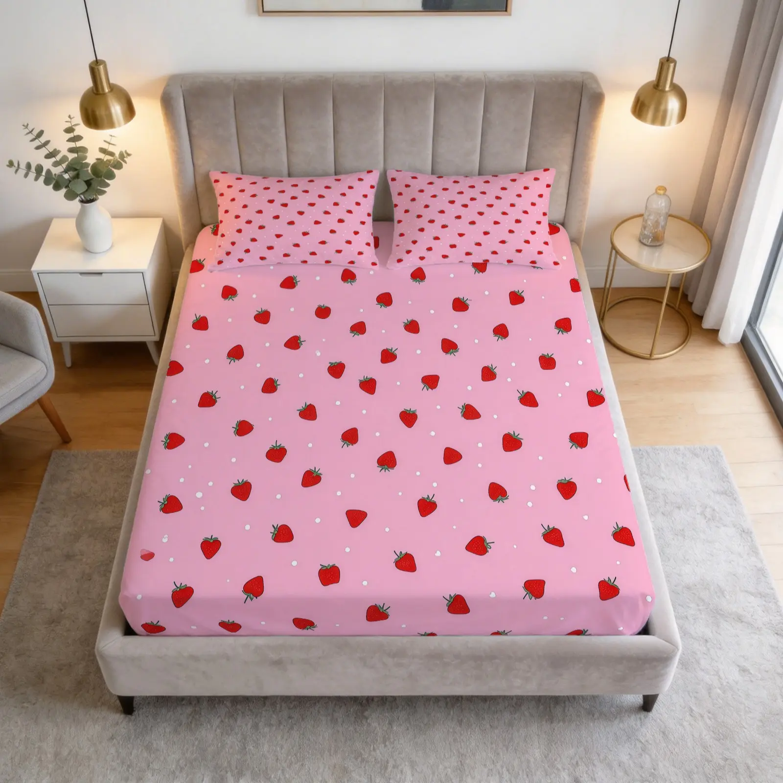 3-Piece Strawberry Patterned Bed Sheet Set, Soft And Comfortable Bedding Set, Including 1 Bed Sheet And 2 Pillowcases (Excluding Pillow Core), Suitable For Teenagers And Adults, Bedroom, Apartment, Guest Room, Dormitory Scenes, Cute Bedding