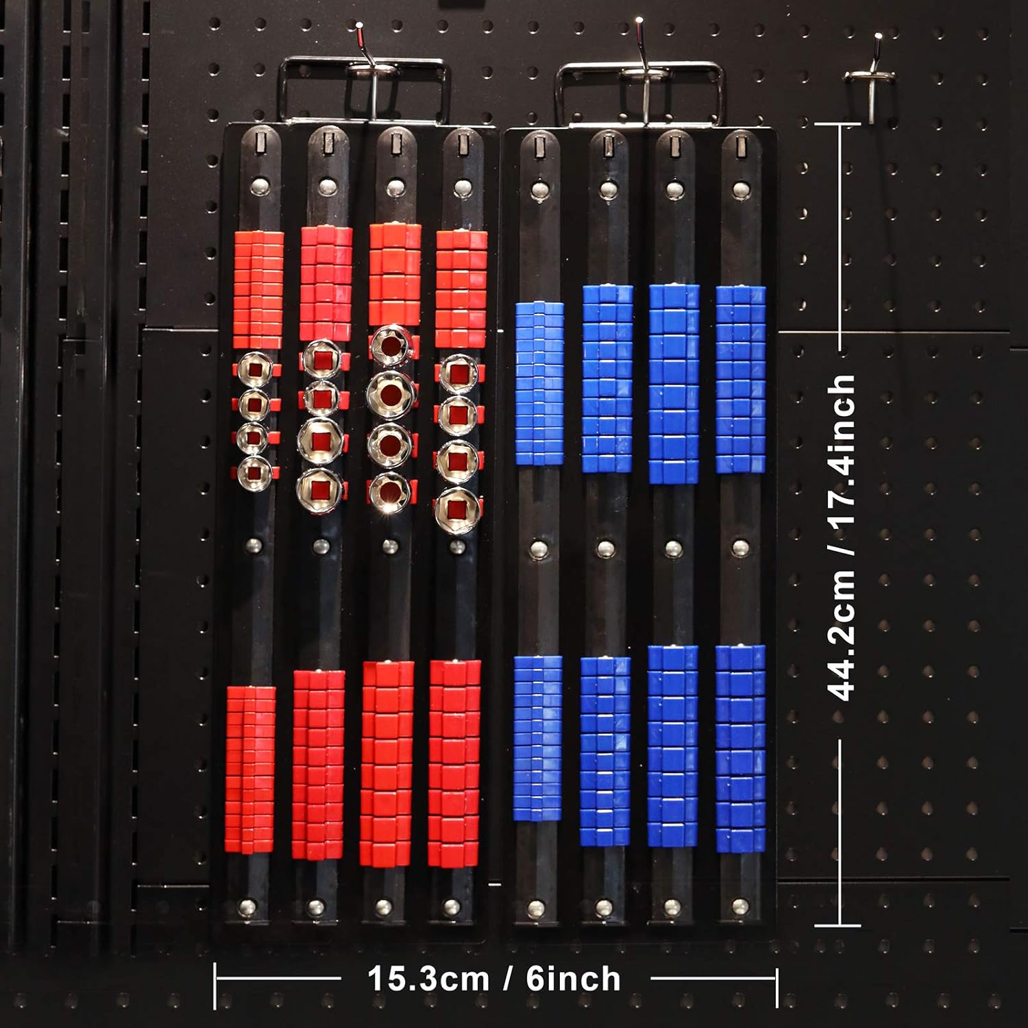80- Portable Socket Organizer Tray, 2 count Set, Blue & Red, Tools Organizer 1/4-Inch, 3/8-Inch, 1/2-Inch, Heavy Duty Socket Holder, Black Rails, Blue & Red Clips
