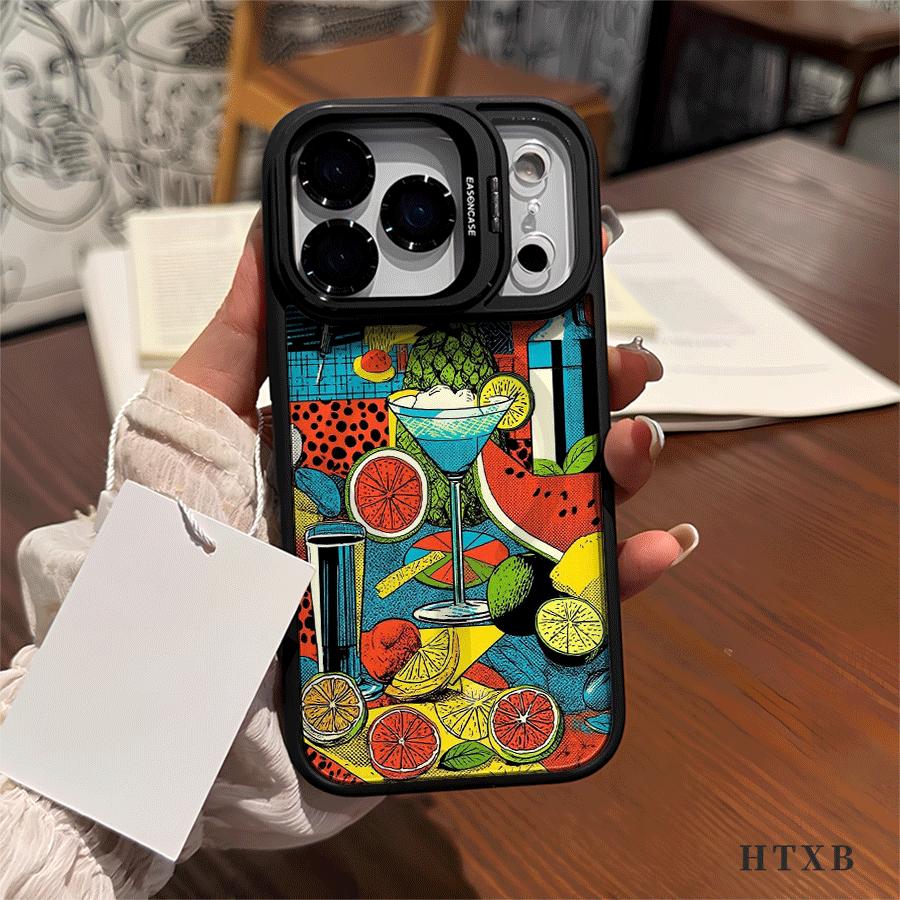 Cocktail Lemon Pattern Metal Camera Cover Magnetic UV Printed Phone Case, suitable for iPhone 17, 16, 15, 14, 13, 12 Pro Max/Pro/Plus series