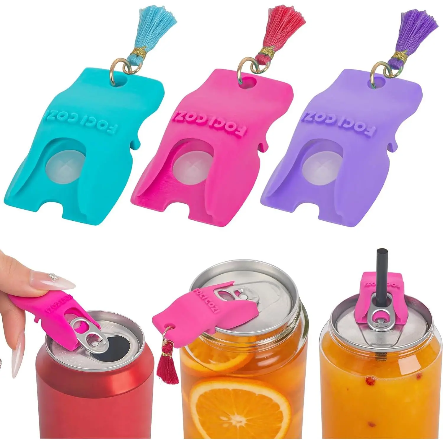 Soda Can Tab Opener Tools 3PCS – 3D Printed Rotates to Cover Can Top, Pop Top Opener with Silicone Straw Hole, for Beach Outdoor & Lipstick Lovers