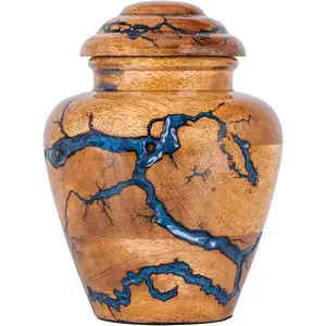 Small Keepsake Urn for Human Ashes Adult - Handcrafted Wooden Mini Urn (20 Cubic Inches) - Blue Decorative Memorial Cremation Urn for Men & Women - Keepsake Urns for Sharing Ashes