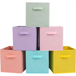 Fabric Storage Bins 6 Pack Fun Colored Durable Storage Cubes with Handles Foldable Cube Baskets for Home, Kids Room, Closet and Toys Organization Cyan, Green, Yellow, Purple, Pink and Peachpuff