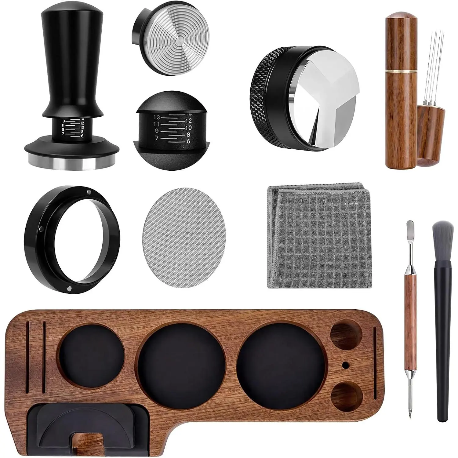 9 Pack Espresso Tamper Station&Coffee Distributor Tamper&Espresso WDT Stirrer&Coffee Tamping&Brush&Coffee Dosing Funnel&Espresso Puck Screen, Latte Art pen and Towel (58 mm)