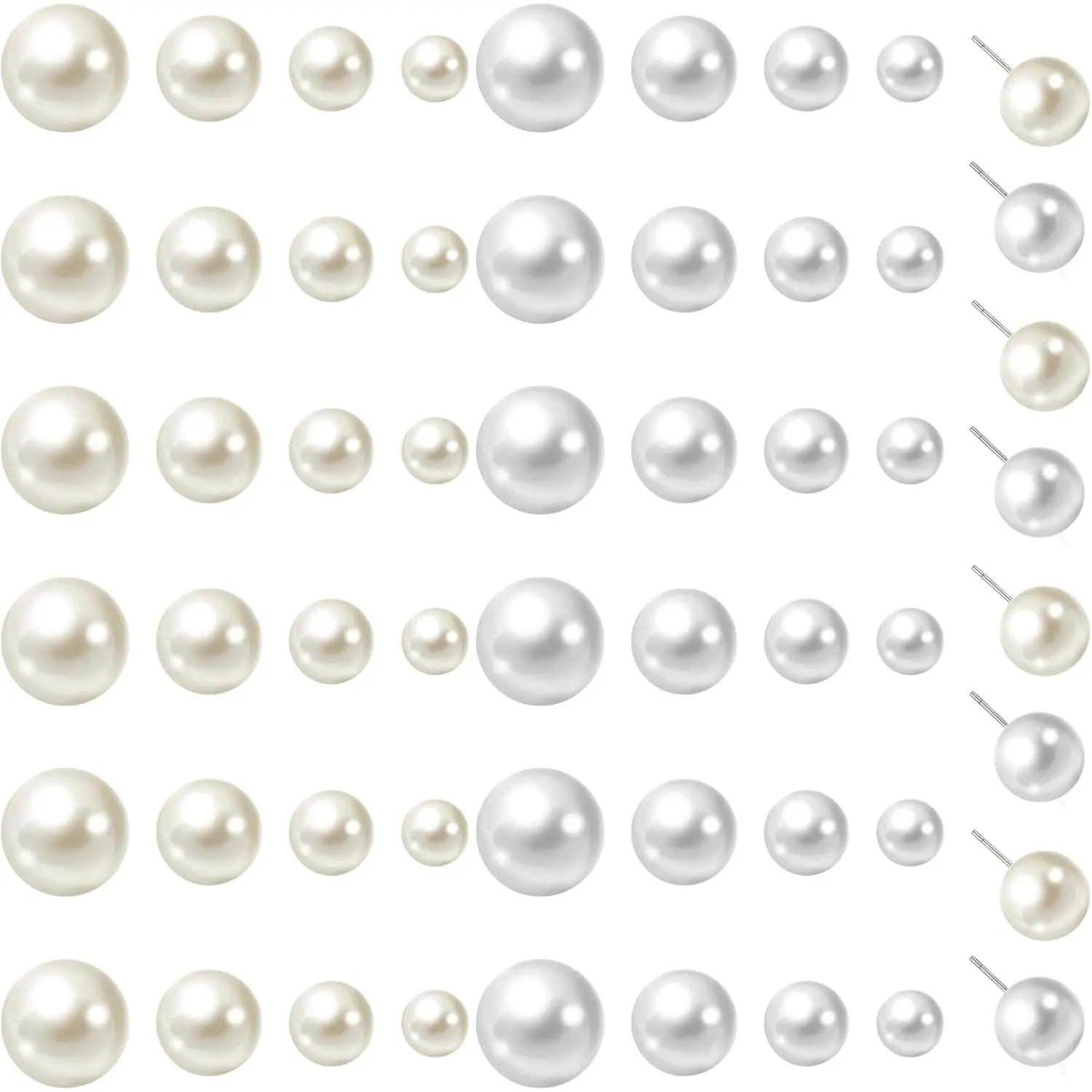 24 Pairs  Studs Earrings for Women 4  Sizes Simulated  Stud Earrings Round  Earring Pack Round Ball  for Bridal Wedding Christmas Birthday  (White, Beige)