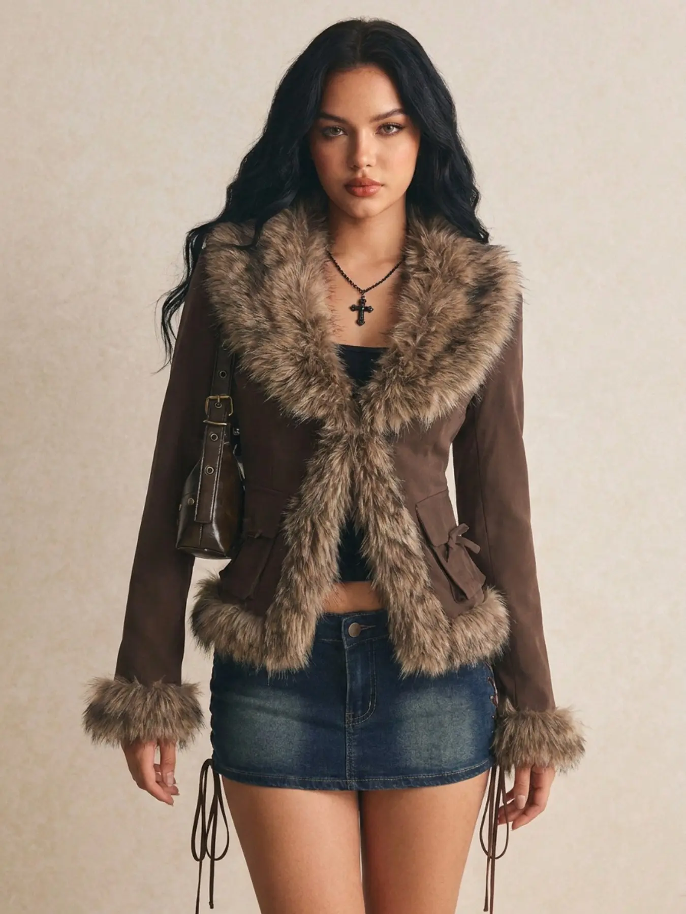 Women's Patchwork Short Jacket, Y2K Retro Slim Fit Coat, Butterfly Knot Tie Long Sleeve, Trendy Streetwear Outerwear