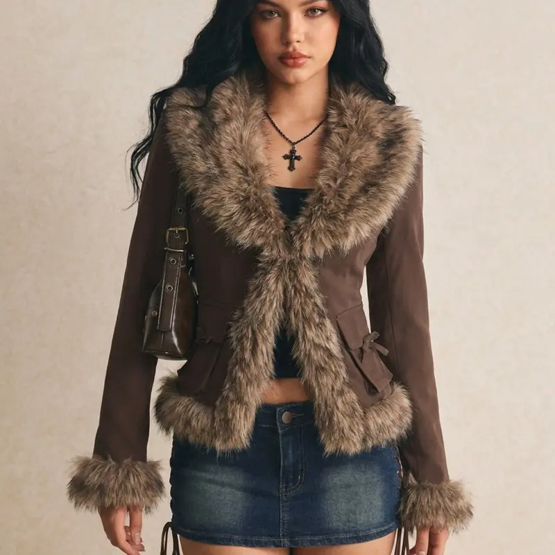 Women's Patchwork Short Casual Jacket, Y2K Retro Slim Fit Coat, Butterfly Knot Tie Long Sleeve, Trendy Streetwear Outerwear