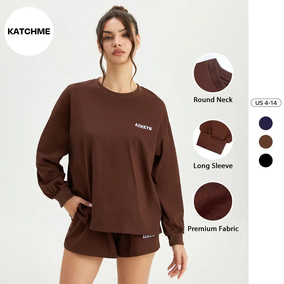 KatchMe Women's Versatile Round Neck Letter Print Long Sleeve Top & Shorts Co-ord, Basic Loose Sweatshirt Tracksuit, Comfort Co-ord Set for Lady