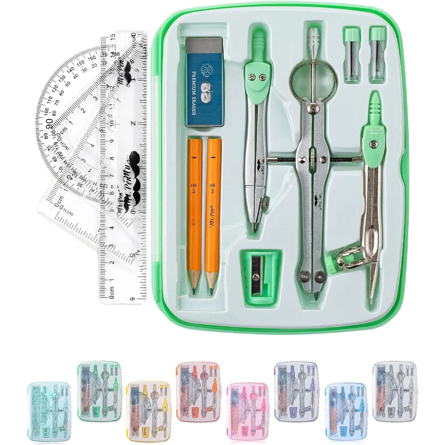 - Geometry Set, 13 count, 3 Metal Compasses, Protractor, 6" Ruler