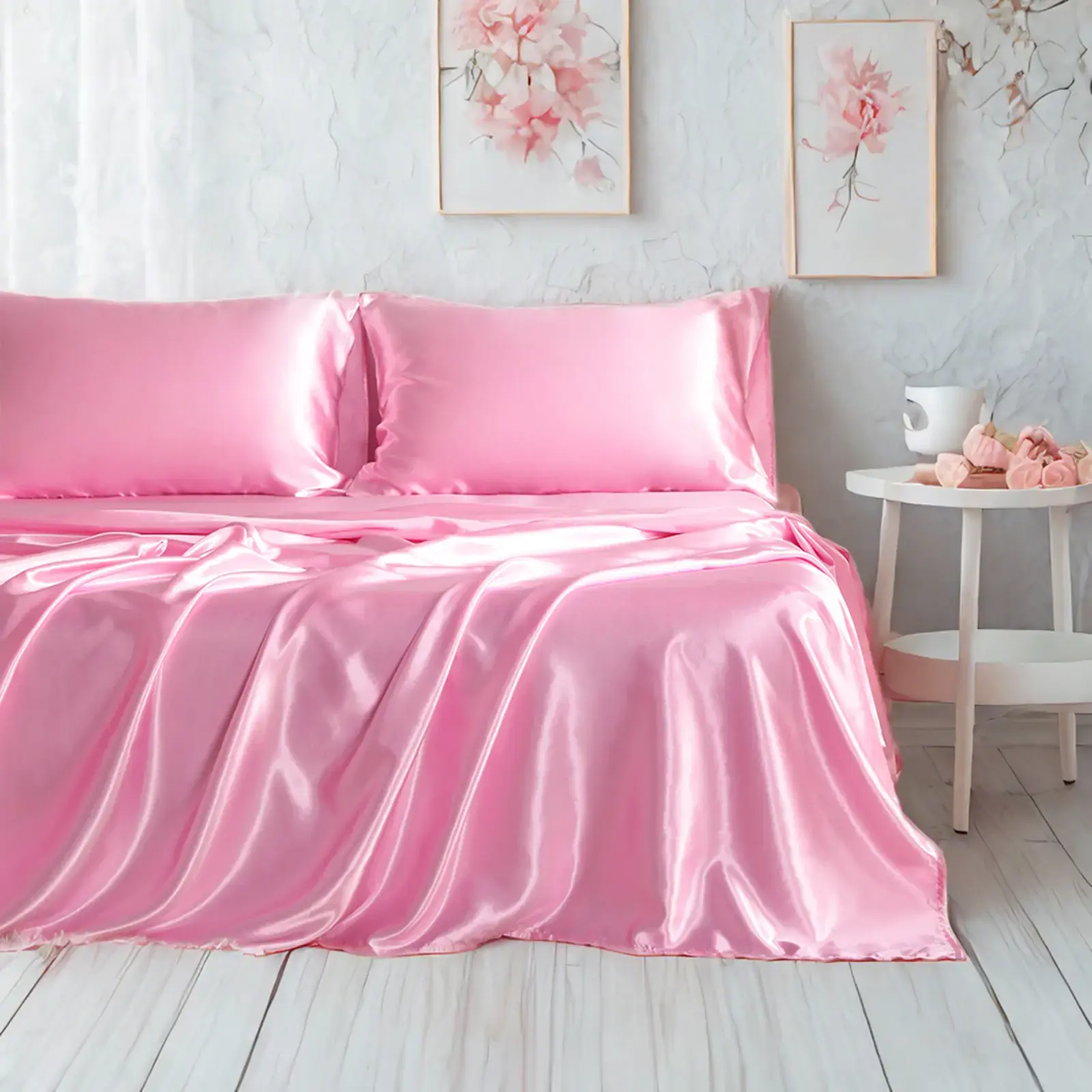 3pcs/4pcs Satin Bed Sheet Set, Luxury and Silky Solid Color Sheet and Pillowcase Set, Flat Sheet, Pillowcases, Fitted Sheet with Deep Pocket,