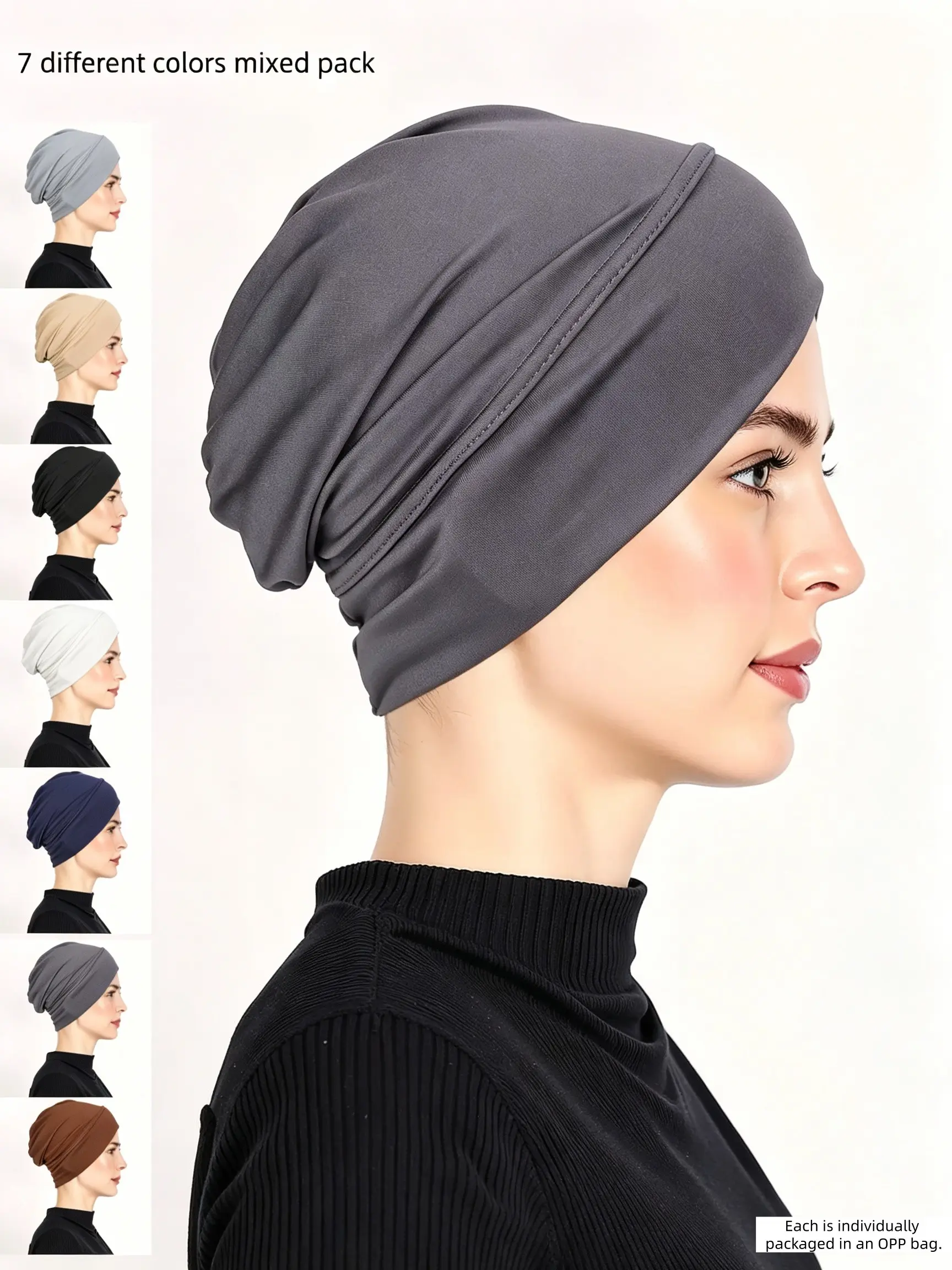 7-Pack Polyester Women Under-Hijab Caps, Stretchy Breathable Turban, Lightweight Reusable Head-Wraps, All Seasons Casual Style