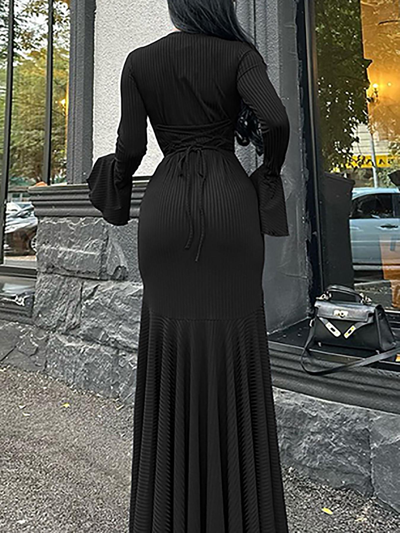 Women's Plain Lace Up Flounce Sleeve Dress, Modest Style Dress, Modesty Casual Round Neck Long Sleeve Maxi Dress for Spring & Fall, Maxi Slip Dress, Modest Solid Color Dress, Modest Dresses - Women's Plain Lace Up Flounce Sleeve Dress, Modest Style Dress, Modesty Casual Round Neck Long Sleeve Maxi Dress for Spring & Fall, Maxi Slip Dress, Modest Solid Color Dress, Modest Dresses -