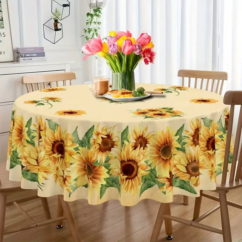 2D Flat Party Tablecloth 1pc, Round Bright Sunflower Design, Polyester Fiber, Ideal for Kitchen, Dining, Picnic Decorations