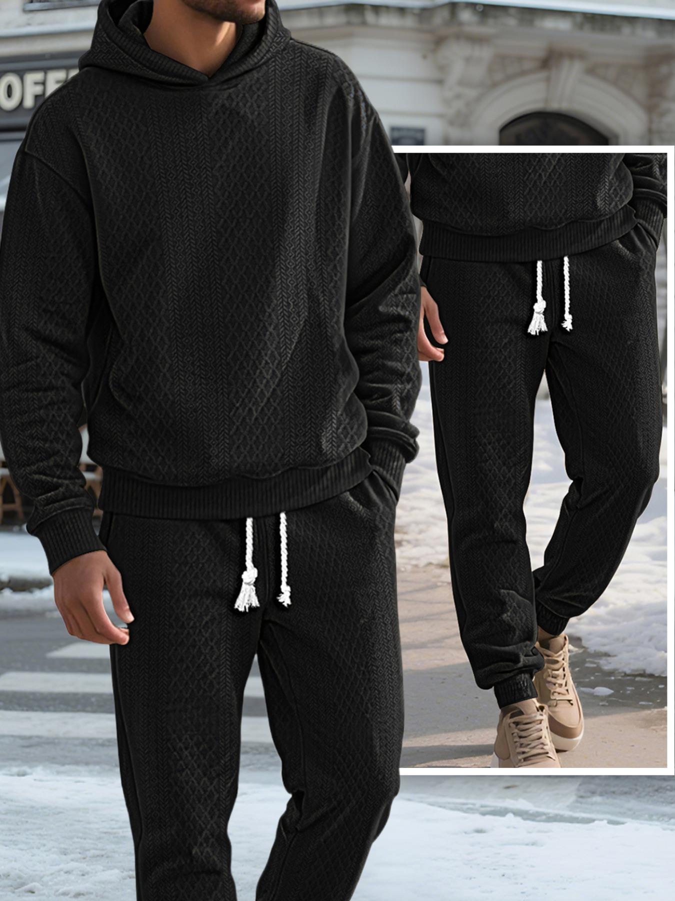 Two-piece men's solid color hooded sweatshirt and drawstring pants set, jacquard texture casual long-sleeved top with long pants autumn and winter men's clothing set, sportswear jumpsuit, Fall outfit, Sweatsuit Sets