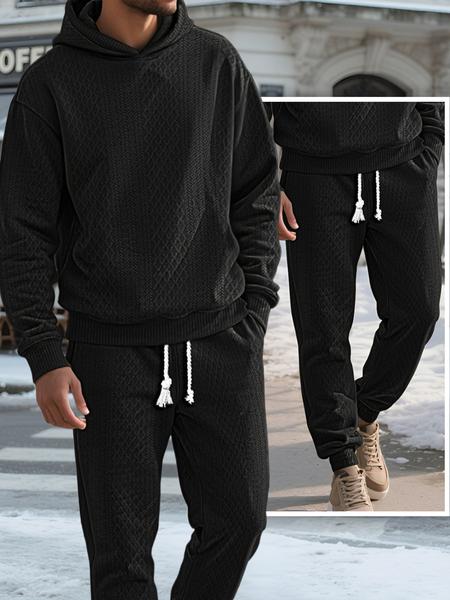 Two-piece men's solid color hooded sweatshirt and drawstring pants set, jacquard texture casual long-sleeved top with long pants autumn and winter men's clothing set, sportswear jumpsuit, Fall outfit, Sweatsuit Sets