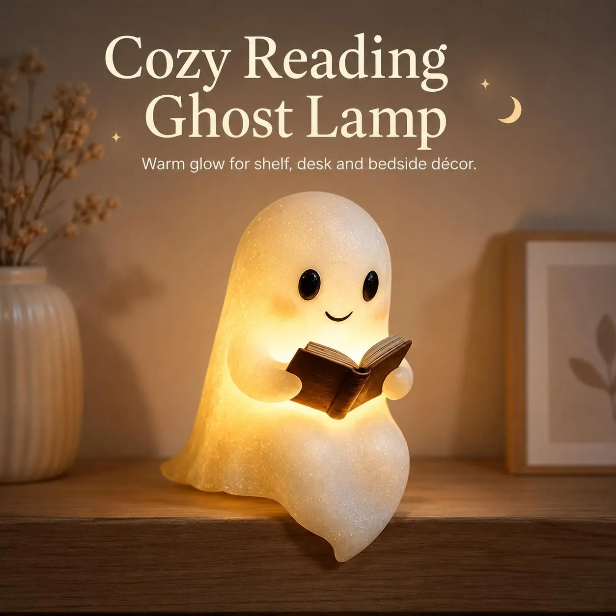 Glow-in-the-Dark Halloween Decorative Compact Ghost Reading Book Resin Figurine, Tabletop Shelf Decor for Bedroom & Party Gift (Camping & Hiking Lights Accessory)